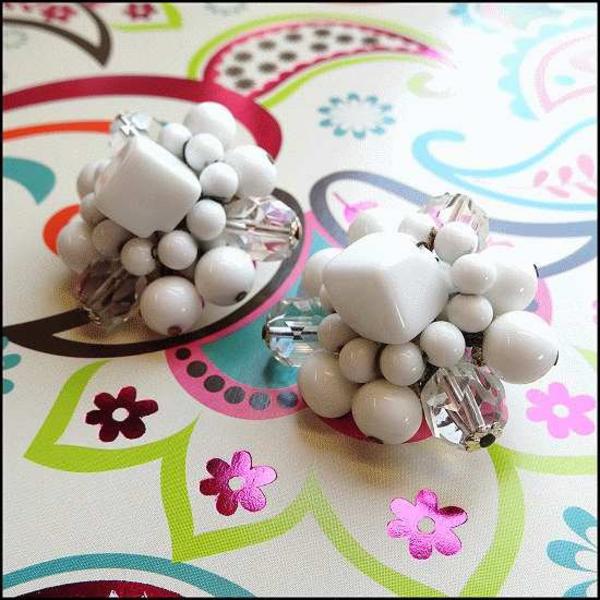 1950s Vintage Milk Glass Clip Earrings Cubes w Crystals 