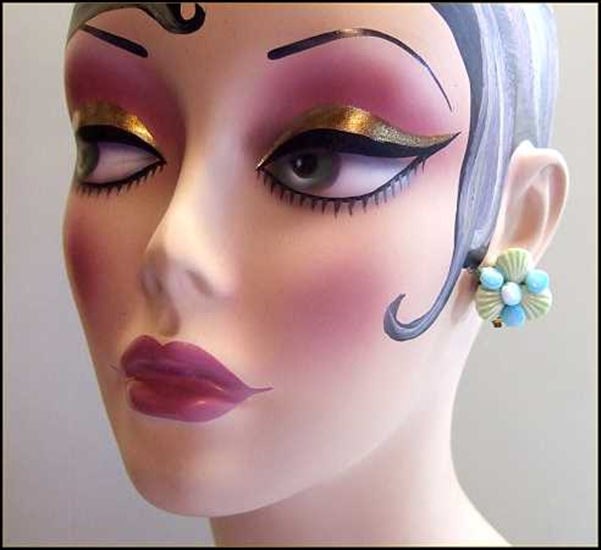 1940s Vintage Earrings Aqua Seashell Glass Signed West Germany