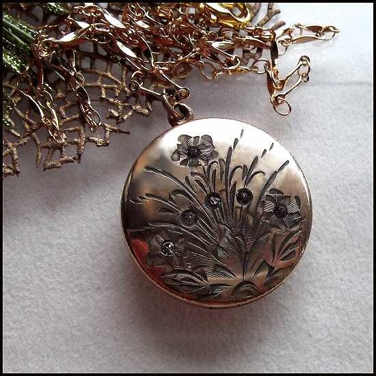 1920s Antique Gold Locket 12kt GF Crystal Flowers 