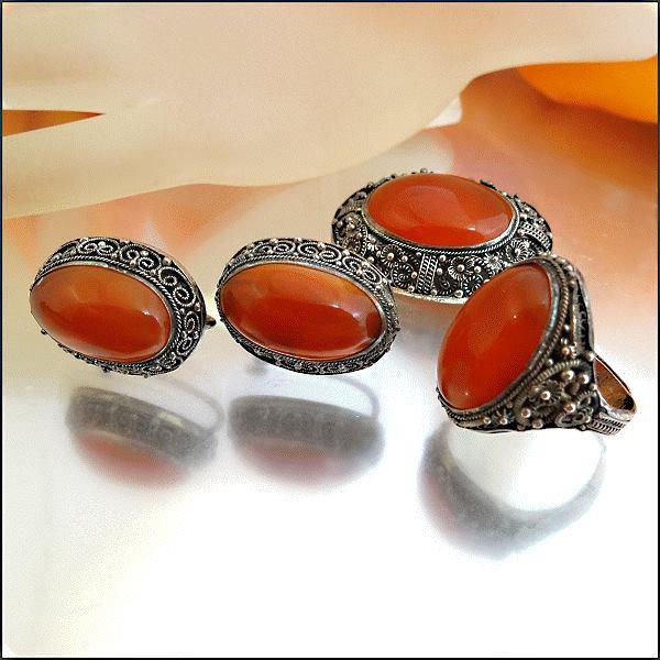 Great Antique Chinese Silver Orange Chalcedony Bracelet Earrings Brooch Ring Set 