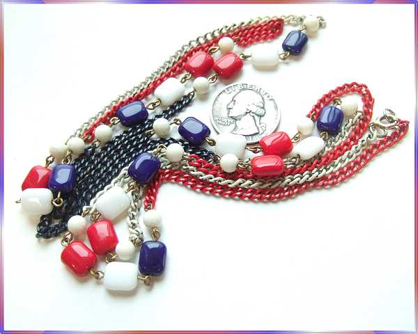 1960s Red White Blue Glass Long Vintage Patriotic Necklace