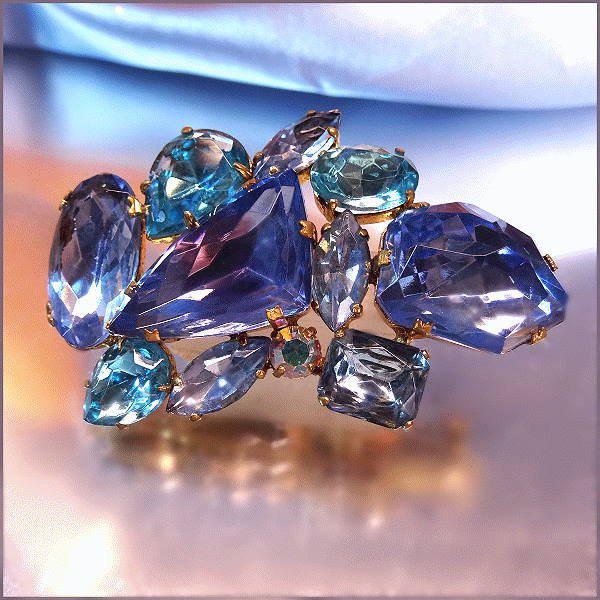 1960s Signed West Germany Blue Aquamarine Glass Retro Modern Brooch