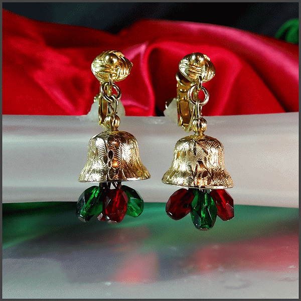1960s Vintage Christmas Earrings Designer Rolled Gold Bells w Crystals
