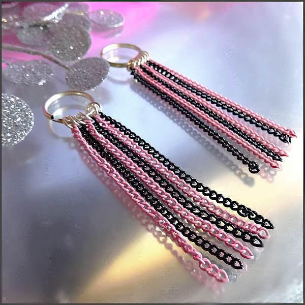 1970s Vintage Earrings Long Funky Pink n Black Pierced Chains 