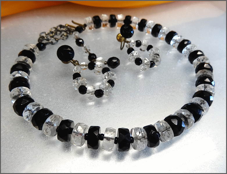 1920s Art Deco Monochromatic Glass Necklace w Earrings Set Signed West Germany