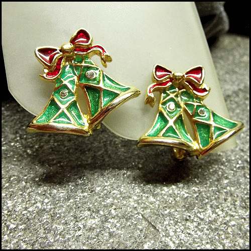 1970s Vintage Christmas Earrings Gold w Enamel Bells and Bows