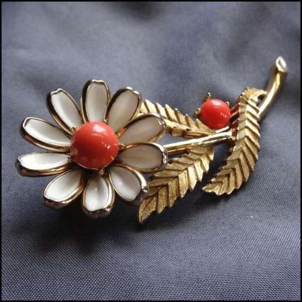 1960s Signed TRIFARI Brooch Gold Orange White Daisy Pin