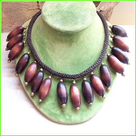 1980s Vintage Wood Bead Necklace Unique Carved Beads Costa Rica