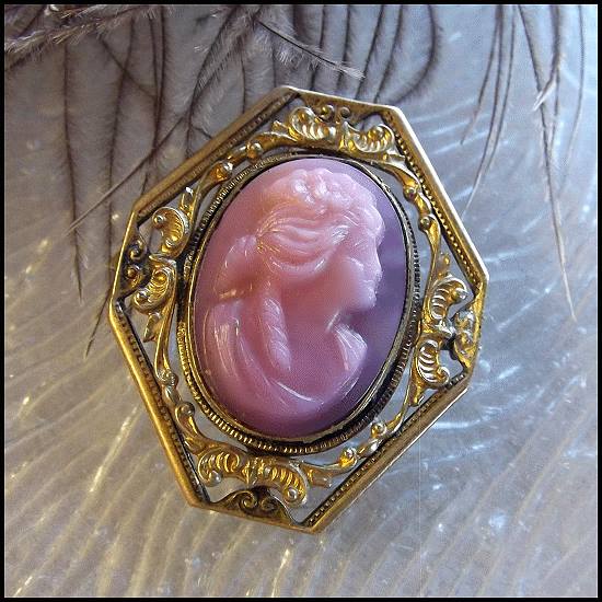 19th Century Antique Cameo Lavender Pink Glass Antique Brooch