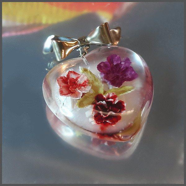 1950s Reverse Carved Lucite Flower Heart Pin or Pendant