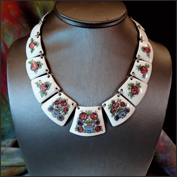 1960s Art Nouveau Style Floral Copper Enamel Vintage Panel Necklace