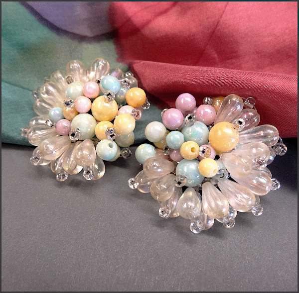 1960s Vintage Clip Earrings Unique Pastel Pearlescent Spring Bursts