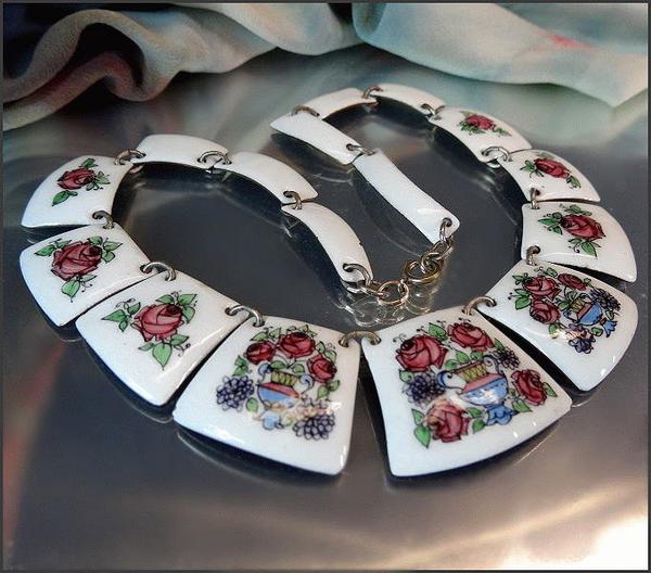1960s Art Nouveau Style Floral Copper Enamel Vintage Panel Necklace