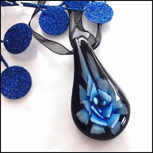 1980s Vintage Murano Glass Pendant Large Blue on Black Flower Necklace
