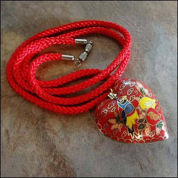 1970s Tropical Bird Red Cloisonne Vintage Heart Necklace
