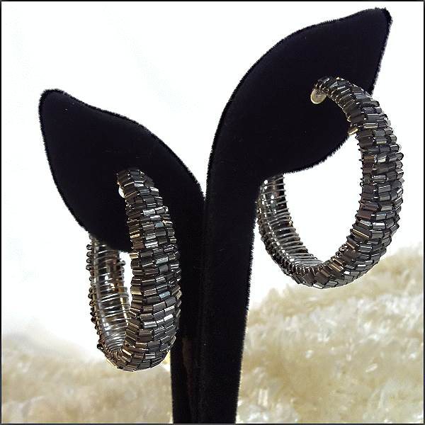 1980s Silver Hematite Big Hoop Vintage Pierced Earrings