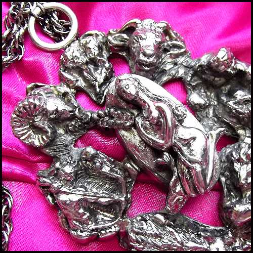1970s Signed Tortolani Silver Zodiac BIG Pendant Vintage Necklace