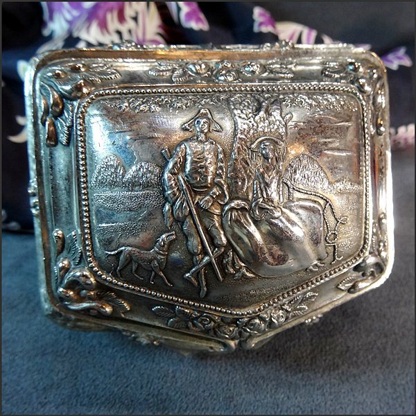Vintage Silver Jewelry Box Hunting Scene w Baroque Decor