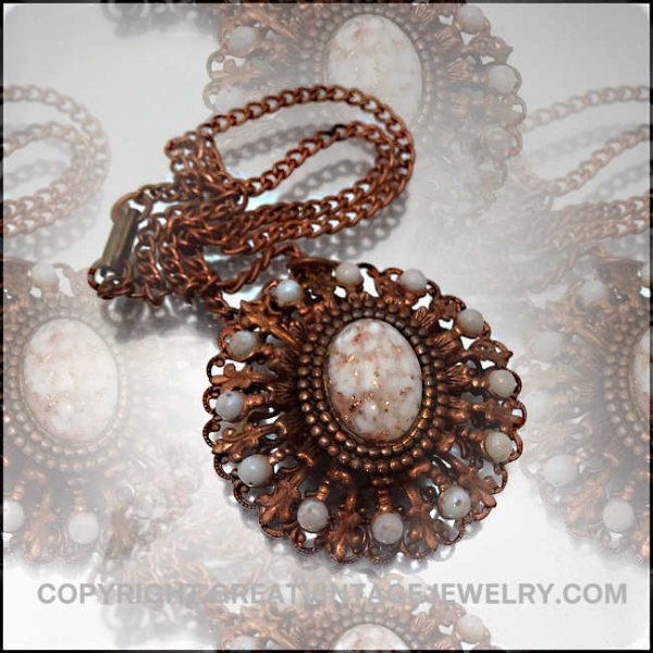 1950s Vintage Copper Pendant Necklace Lace Filigree w Goldstone Agate