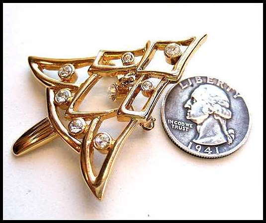1980s Vintage Christmas Tree Pin Modern Gold w Dangling Crystals