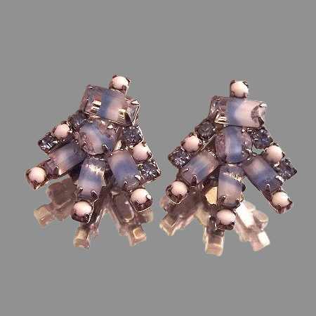 1950s Vintage French Blue Givre Glass Clip Earrings 