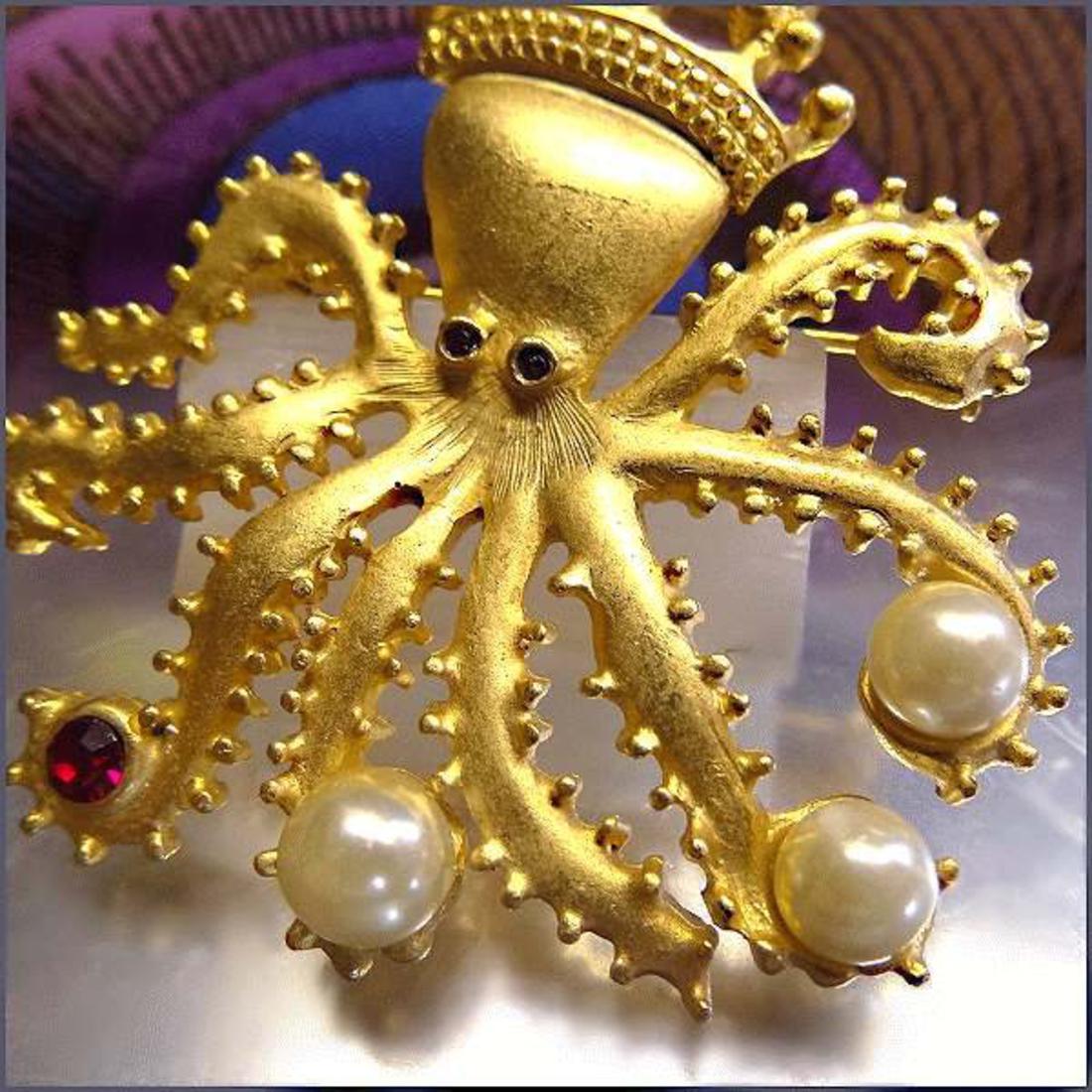 1980s King of the Ocean Gold Pearl Octopus Vintage Brooch