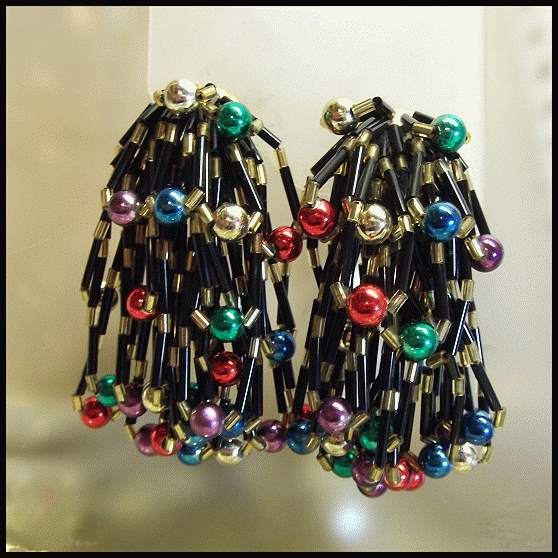 1980s Vintage Chandelier Earrings Gold Black Rainbow Holiday Dangles