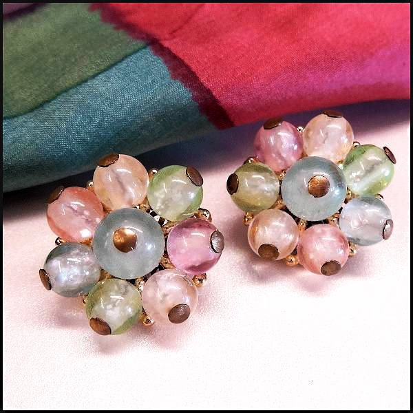 1950s Vintage Earrings Frosted Pastel Glass Clips Signed Crown Trifari