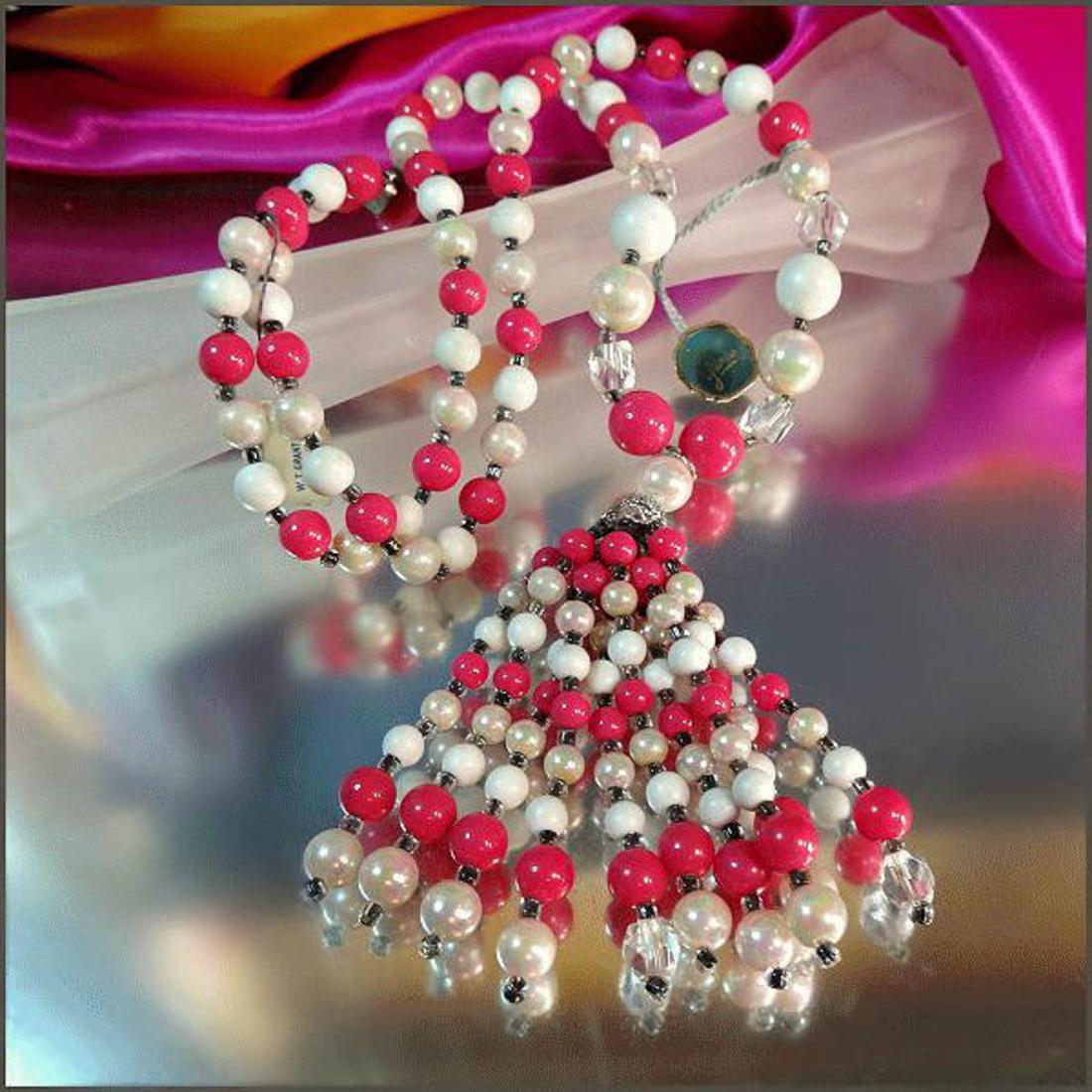 1960s Vintage Hot Pink Pearl Tassel Necklace w Crystals Signed Glamour 