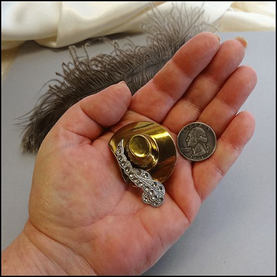 1940s Rare Figural Gold Hat Pin Cut Steel Feather Brooch