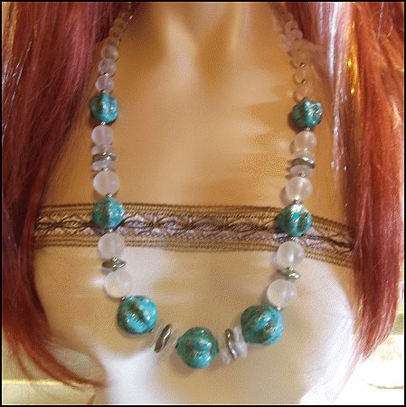 1970s Vintage Necklace Long Turquoise Beads w Mermaid Camphor Lucite 