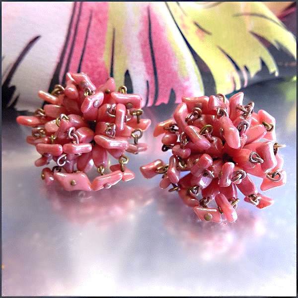 1950s Vintage Earrings Rose Pink Mother of Pearl Clips