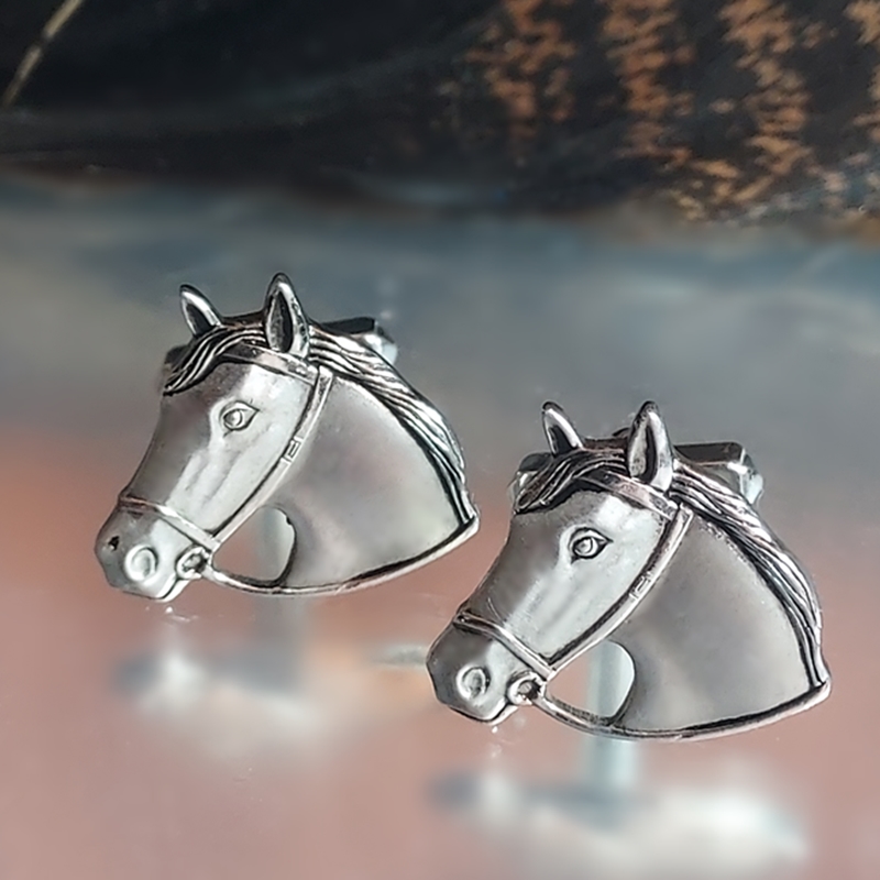 1950s Signed Anson Etched Silver Horse Vintage Cufflinks