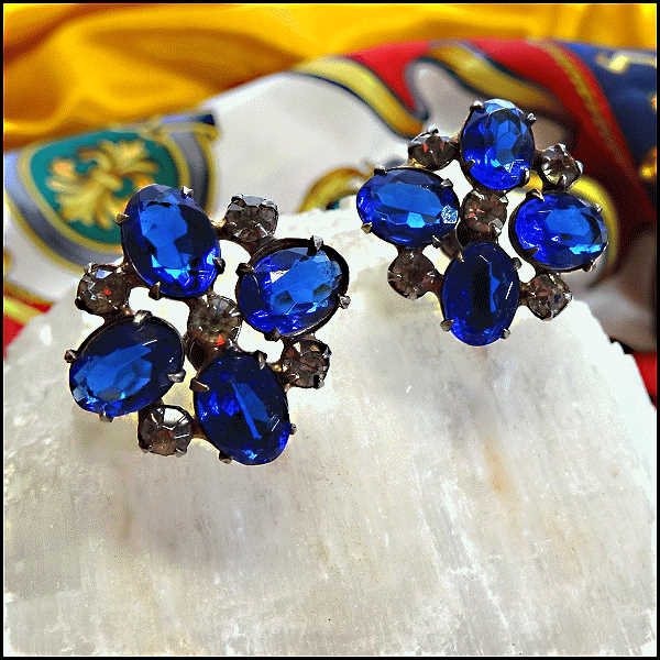 1940s Blue Sapphire Glass Sterling Silver Vintage Earrings