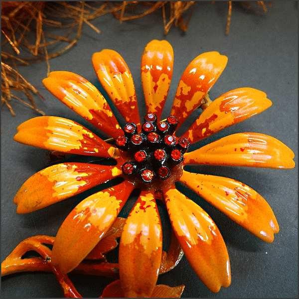 1960s Vintage Flower Brooch Orange w Tangerine Rhinestones Signed HEDY 