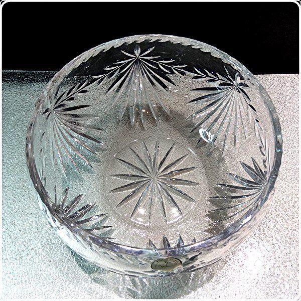 1980s BIG Magnificent Carved Fans Vintage Polish Crystal Bowl 4.5 Pounds 