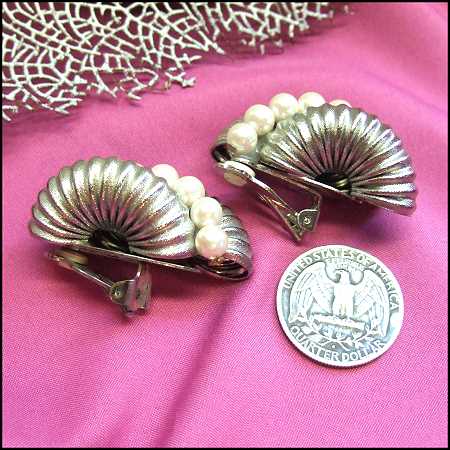 1950s Vintage Pearl Earrings Silver Ribbed Semi Hoop Clips