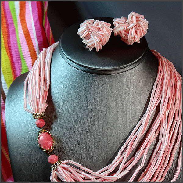 1960s West Germany Pink Candy Cane Vintage Necklace w Earrings Set