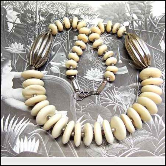 1970s Vintage Bohemian Necklace White Carved w Silver Beads 