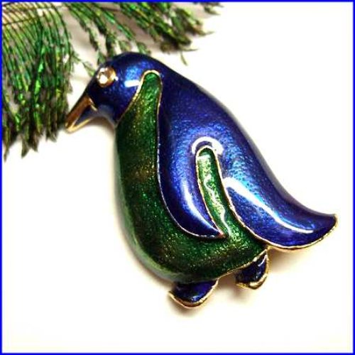 1960s Vintage Penguin Pin Emerald Sapphire Enamel Big Bird Brooch