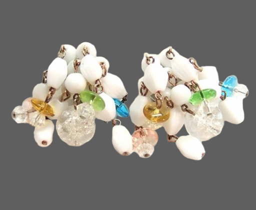 1950s Vintage Milk Glass Clip Earrings West Germany Pastel Glass Dangles