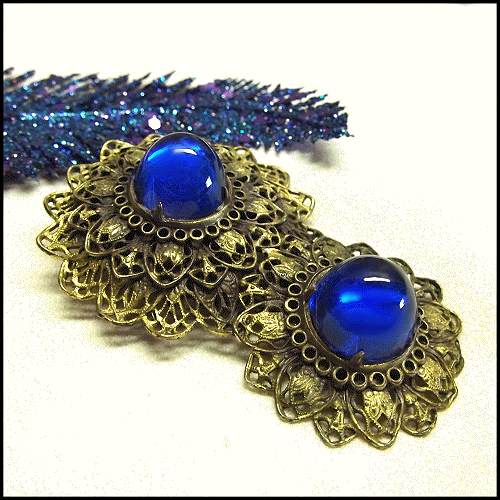 Antique Dress Clip European Large Gold Lace Flowers w Sapphire Blue Glass