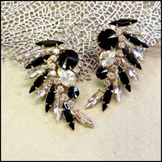 D&E Juliana Earrings Black n Clear Crystal Feathers 1950s Jewelry