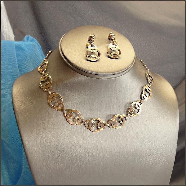 1940s Art Deco Signed Symmetallic 14kt Gold Sterling Necklace w Earrings Set 