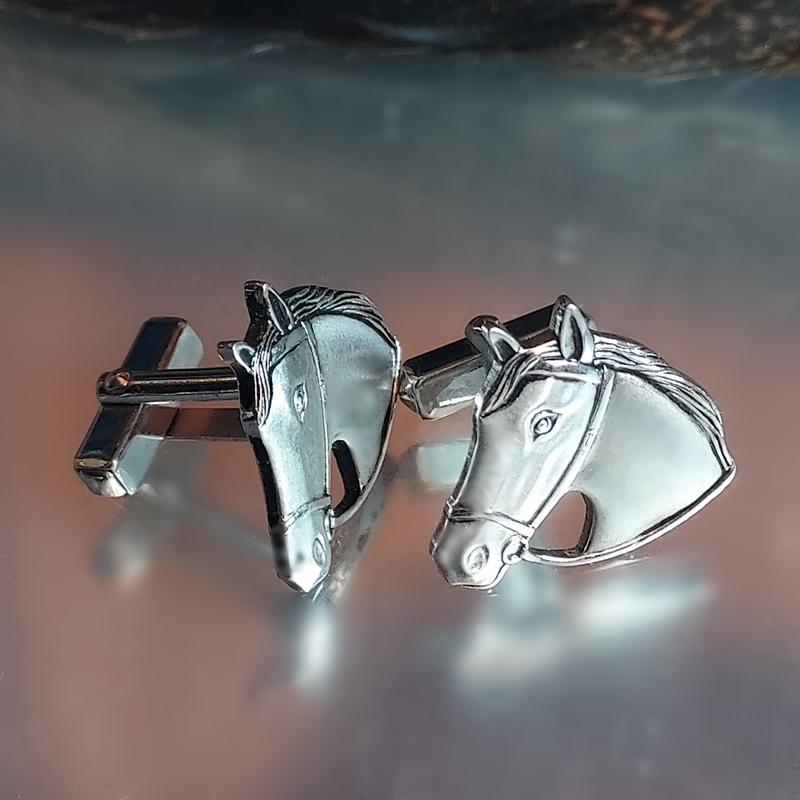 1950s Signed Anson Etched Silver Horse Vintage Cufflinks