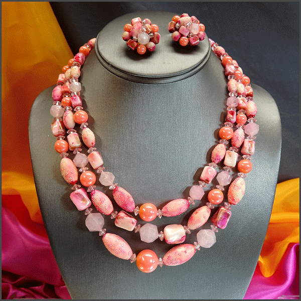 1950s Vintage Necklace w Earrings Pink n Lavender Sugar Beads