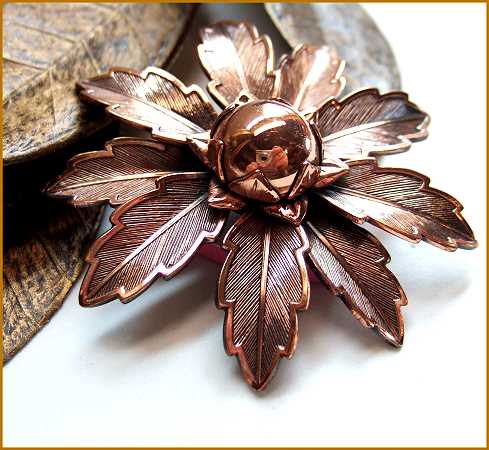 1950s Vintage Copper Brooch Big Retro Flower Signed Bell 