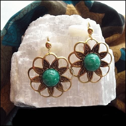1960s Vintage Earrings Czech Old Jade Glass Bohemian Flowers