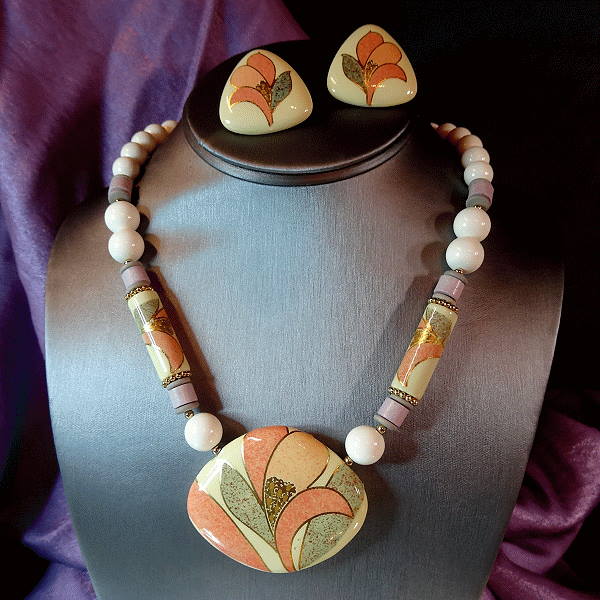1970s Vintage Necklace w Earrings Porcelain Orchid Flower Set