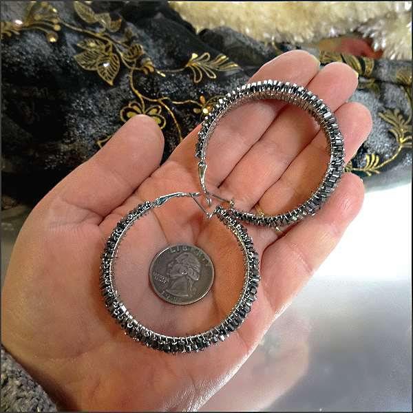 1980s Silver Hematite Big Hoop Vintage Pierced Earrings